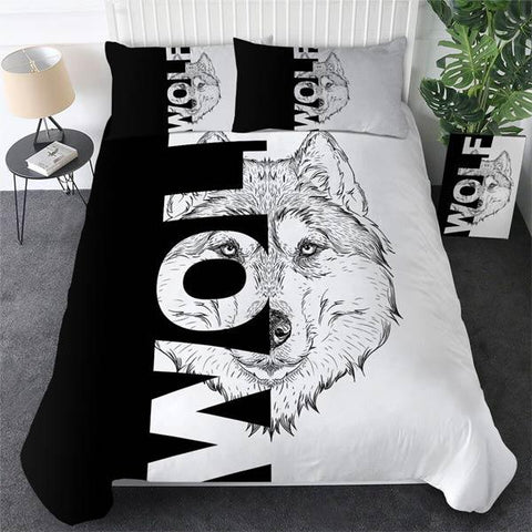 Image d'une parure de lit avec comme motif un loup en noir et blanc